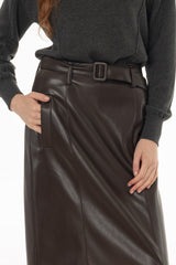 Brown Belted Faux Leather Midi Skirt