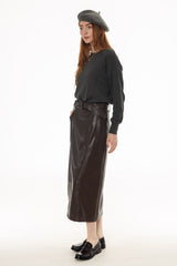 Brown Belted Faux Leather Midi Skirt