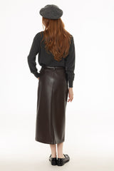 Brown Belted Faux Leather Midi Skirt