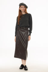 Brown Belted Faux Leather Midi Skirt
