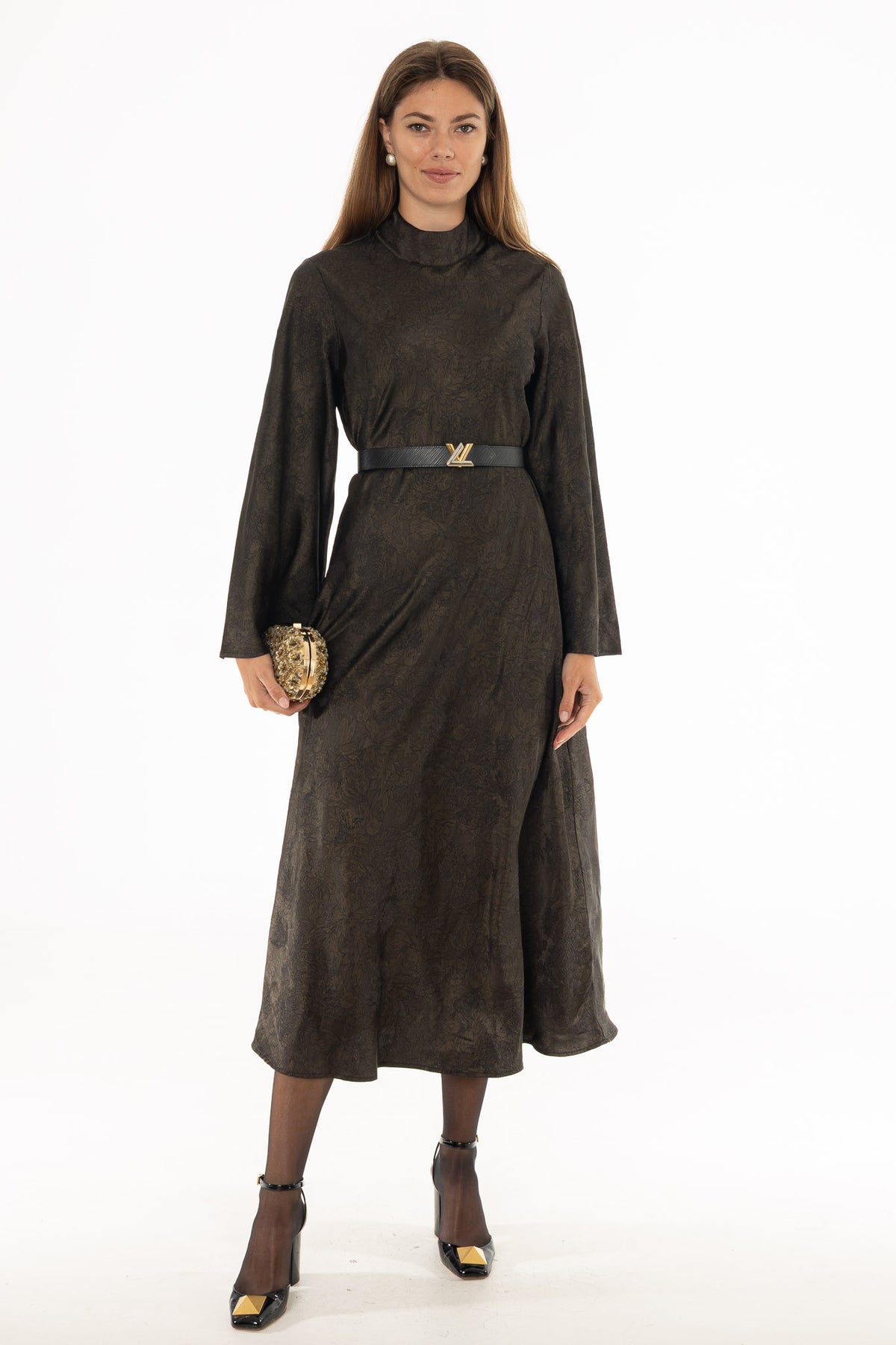 Gold Printed Bell Sleeve Maxi Dress – BLANK
