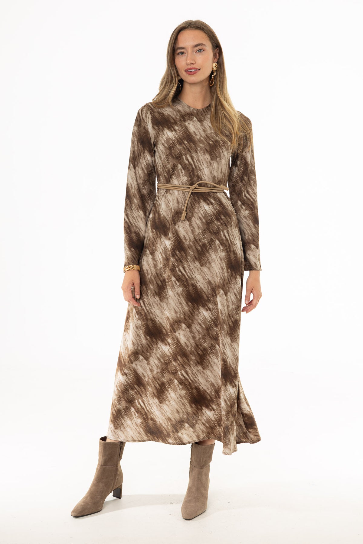Brown Blend Printed Bell Sleeve Maxi Dress – BLANK