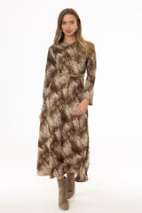 Brown Blend Printed Bell Sleeve Maxi Dress