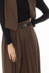 Brown Buckle Pleated Maxi Skirt