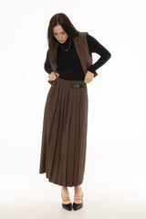Brown Buckle Pleated Maxi Skirt