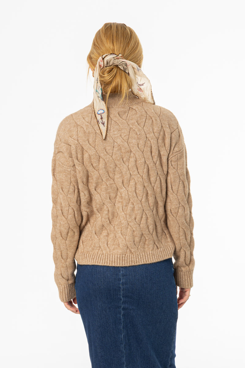 Brown Collar Detail Cable Knit Sweater