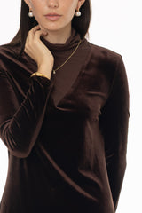 Brown Combo Fabric Turtleneck Maxi Dress