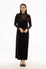 Brown Combo Fabric Turtleneck Maxi Dress