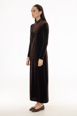 Brown Combo Fabric Turtleneck Maxi Dress