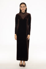 Brown Combo Fabric Turtleneck Maxi Dress