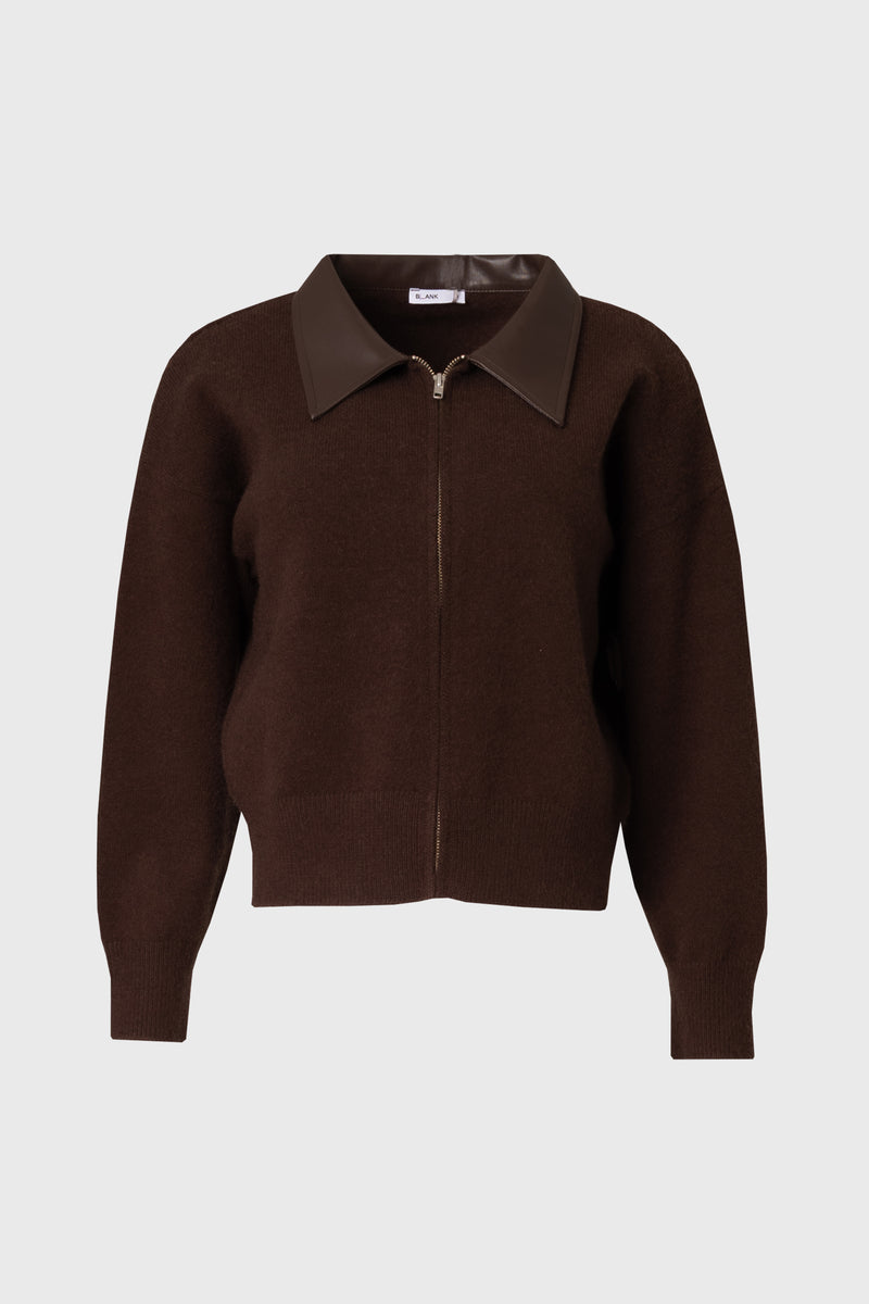 Brown Contrast Collar Zipper Sweater
