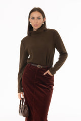 Green Corduroy Boat Mock Neck Top