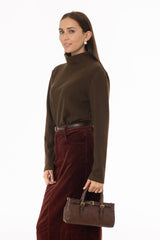 Green Corduroy Boat Mock Neck Top