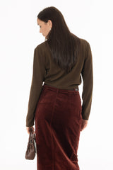 Green Corduroy Boat Mock Neck Top