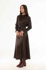 Brown Cowl Neck Draped Maxi Dress