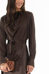 Brown Cowl Neck Draped Maxi Dress
