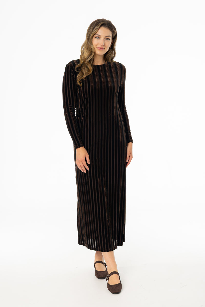 Brown Double Ribbed Velour Maxi Dress
