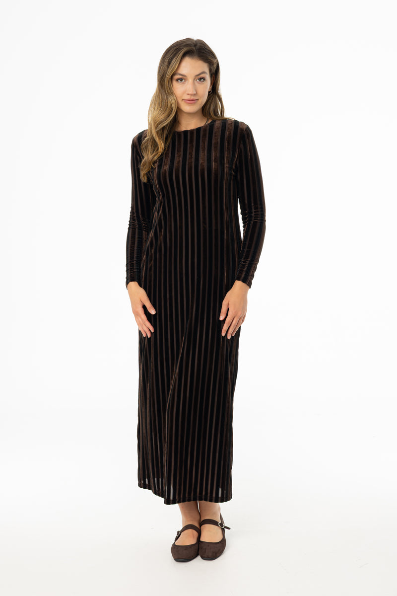 Brown Double Ribbed Velour Maxi Dress