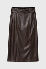Brown Belted Faux Leather Midi Skirt