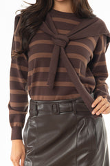 Brown Faux Overlay Striped Sweater