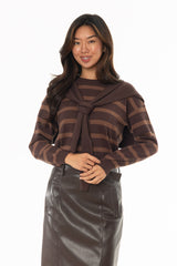 Brown Faux Overlay Striped Sweater