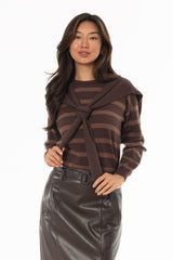 Brown Faux Overlay Striped Sweater