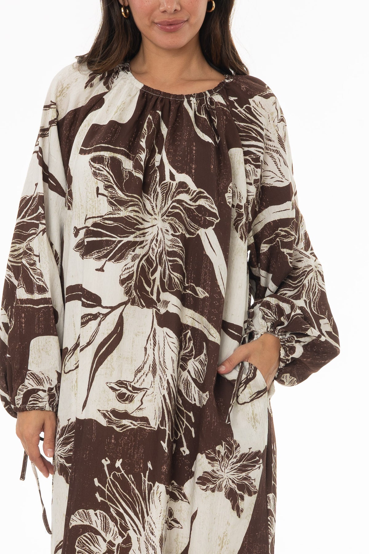 Brown Floral Balloon Sleeve Oversized Maxi Dress – BLANK