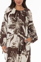 Brown Floral Balloon Sleeve Oversized Maxi Dress