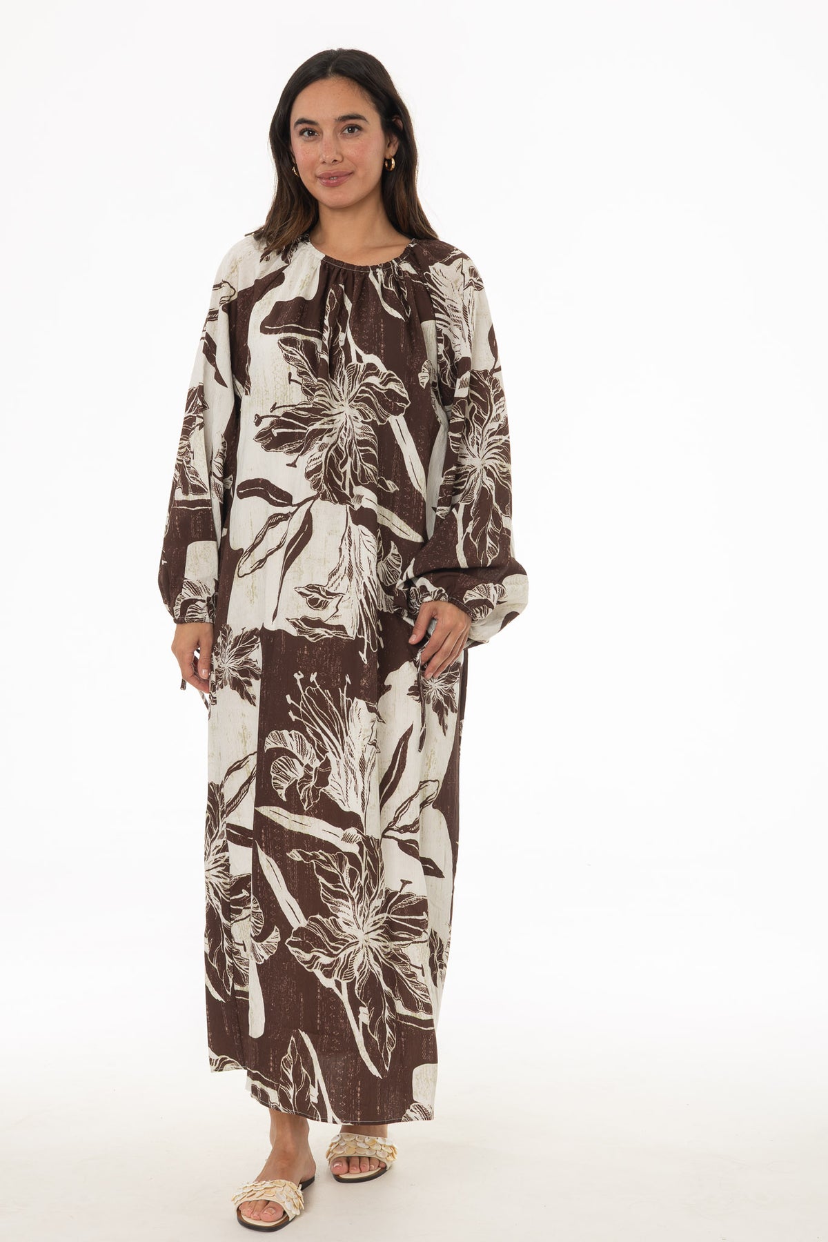 Brown Floral Balloon Sleeve Oversized Maxi Dress – BLANK