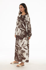 Brown Floral Balloon Sleeve Oversized Maxi Dress