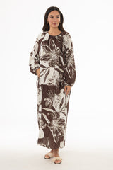 Brown Floral Balloon Sleeve Oversized Maxi Dress