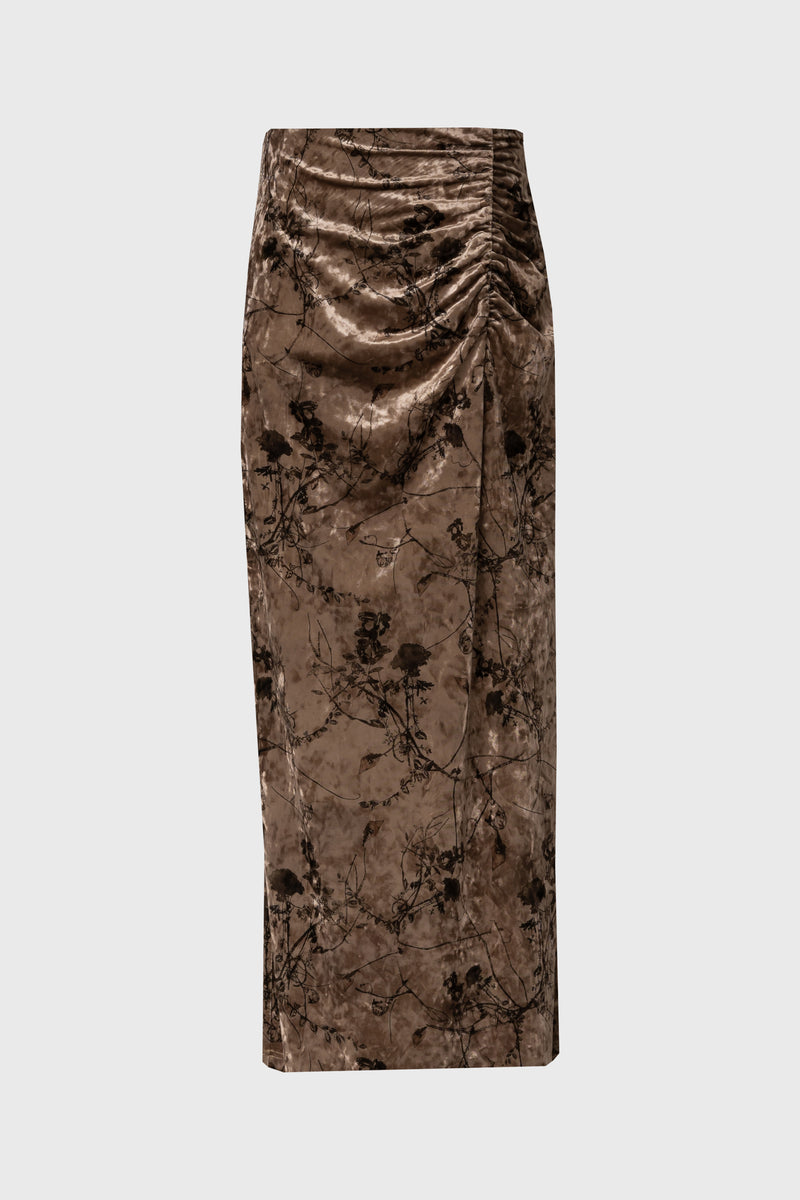Brown Floral Crushed Velvet Skirt