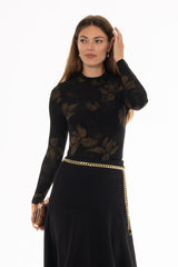 Brown Floral Mesh Mock Neck Top