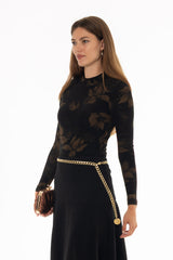 Brown Floral Mesh Mock Neck Top