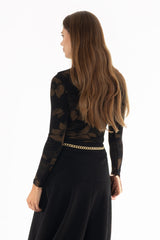 Brown Floral Mesh Mock Neck Top