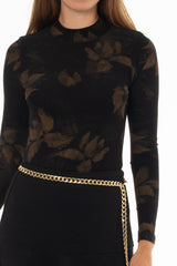 Brown Floral Mesh Mock Neck Top