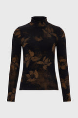 Brown Floral Mesh Mock Neck Top