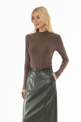 Brown Floral Printed Mock Neck Top
