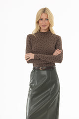 Brown Floral Printed Mock Neck Top