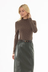 Brown Floral Printed Mock Neck Top