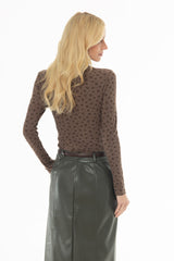 Brown Floral Printed Mock Neck Top