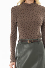 Brown Floral Printed Mock Neck Top