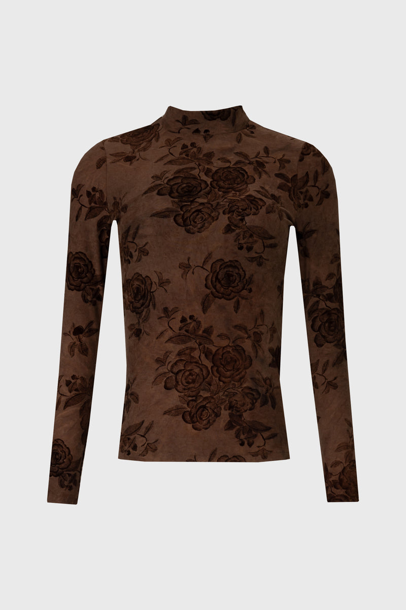 Brown Flower Mock Neck Top