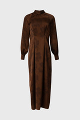 Brown Floral Printed Tie Neck Dress