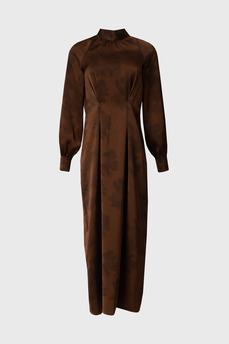 Brown Floral Printed Tie Neck Dress