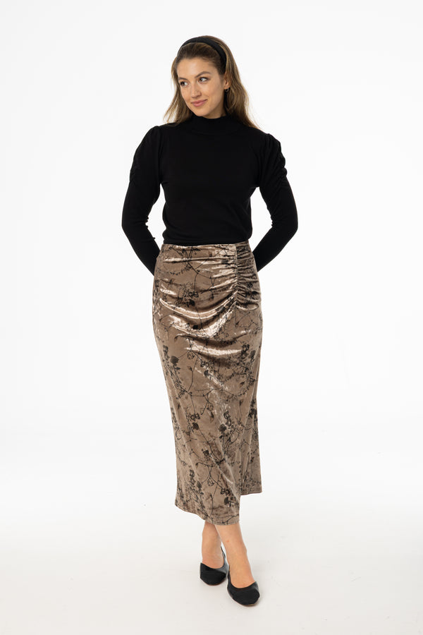 Brown Floral Crushed Velvet Skirt