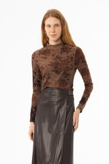 Brown Flower Mock Neck Top