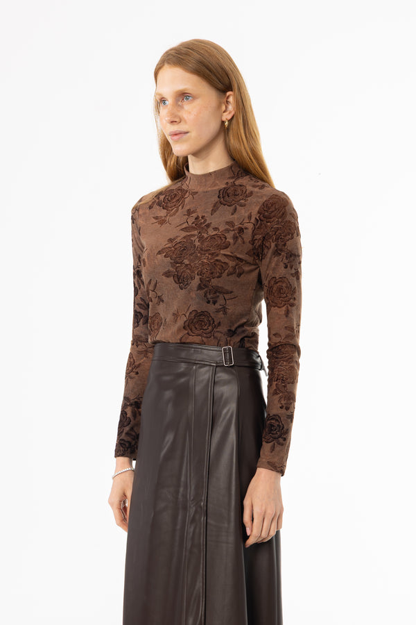 Brown Flower Mock Neck Top