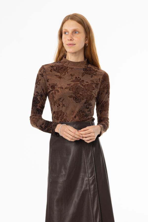 Brown Flower Mock Neck Top