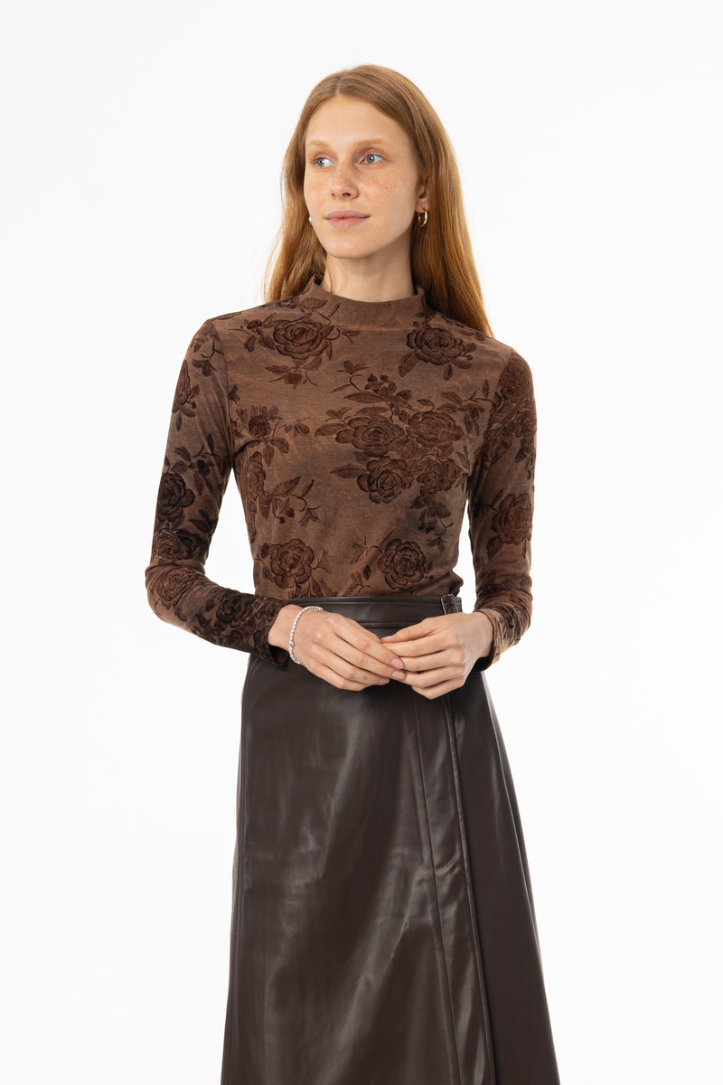 Brown Flower Mock Neck Top